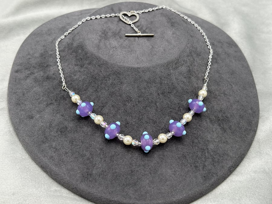 purple and sky blue lampwork glass beaded necklace