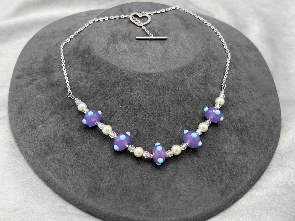 purple and sky blue lampwork glass beaded necklace
