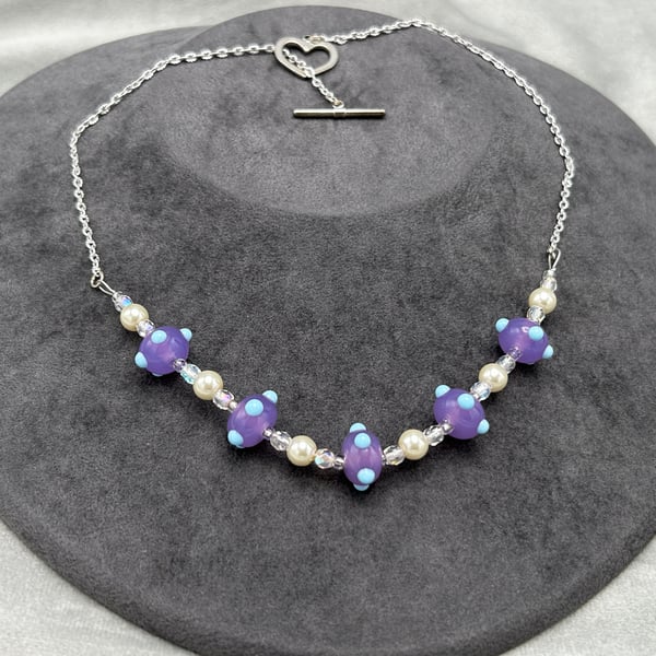 purple and sky blue lampwork glass beaded necklace