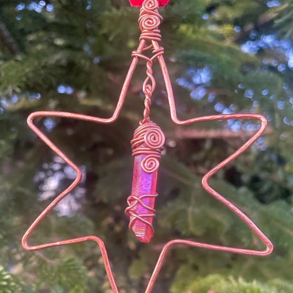 Celestial Copper Star with Pink Aurora Point – Handmade Christmas Ornament  