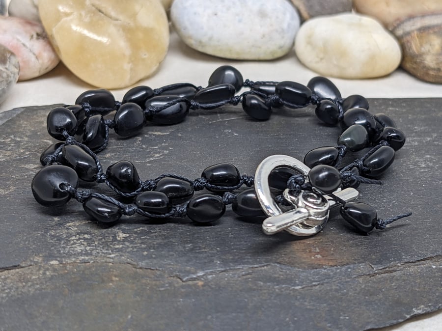 Black tourmaline nugget bead knotted wraparound bracelet with toggle clasp