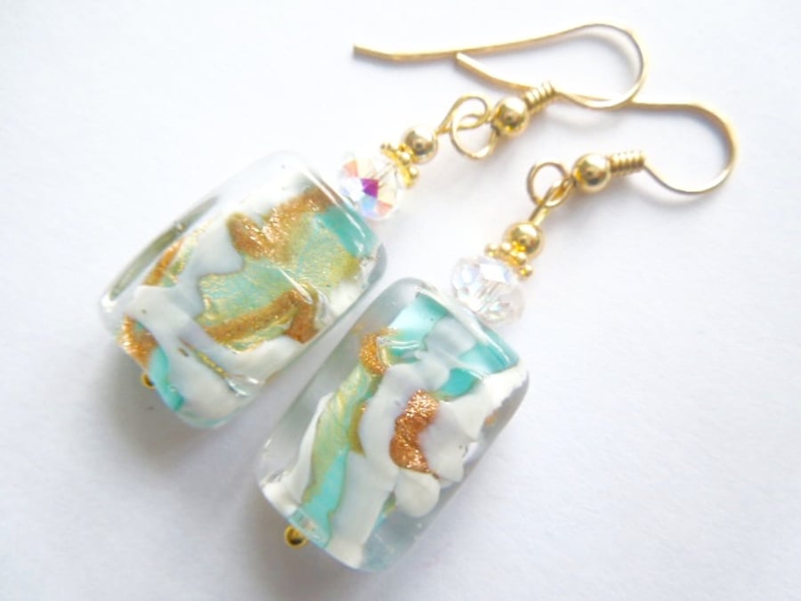 Murano glass green and gold earrings with gold filled hooks.