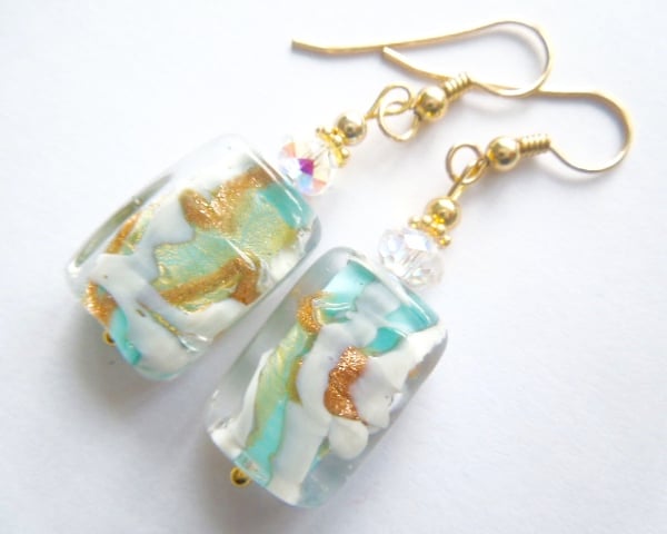 Murano glass green and gold earrings with gold filled hooks.