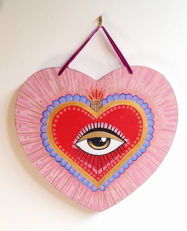 Large Sacred Heart All Seeing Eye Wooden Wall Protection Folk Art Hand-made 