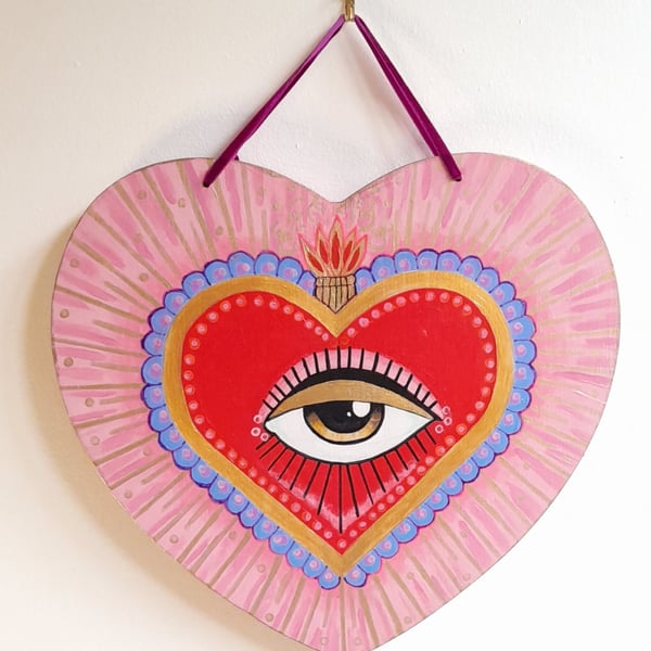 Large Sacred Heart All Seeing Eye Wooden Wall Protection Folk Art Hand-made 