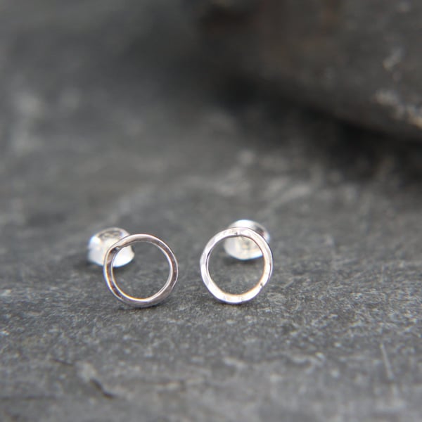 Hammered Circle Stud Front Facing Hoop Earrings