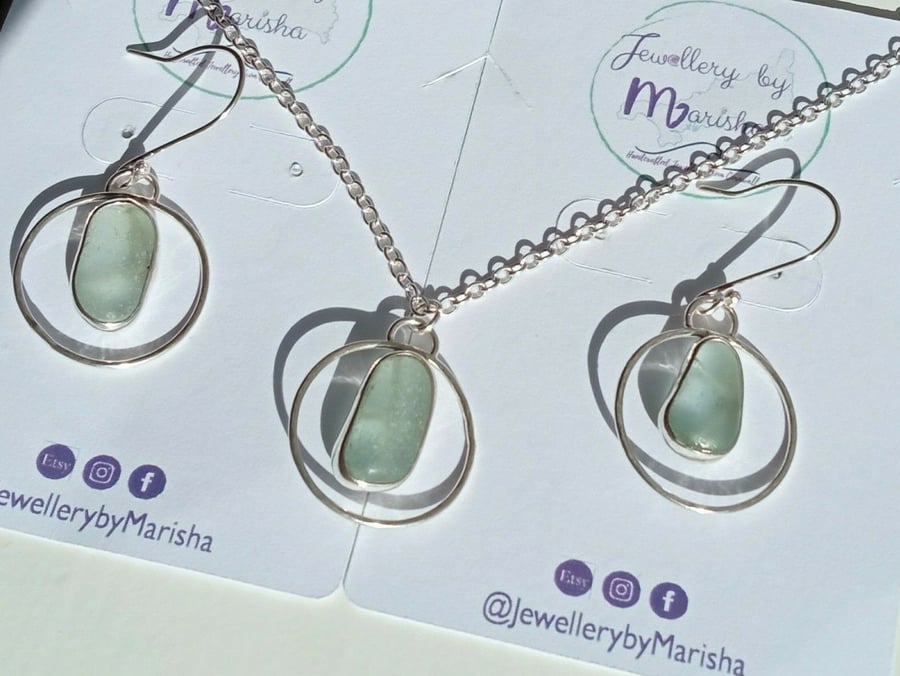 Recycled Silver & Fine Silver Necklace and Earrings in Pale Aqua Safety Glass