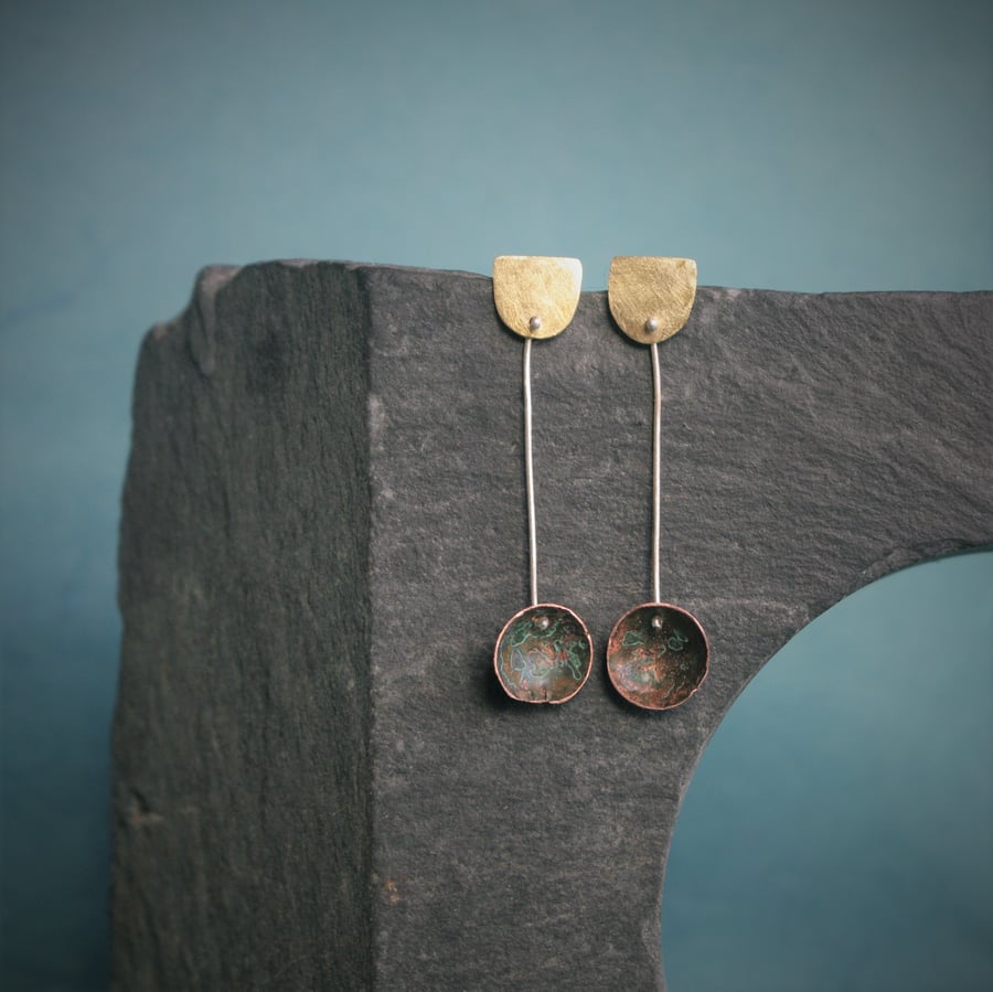 Verdigris and Brass Geometric Long  Dangle Earrings