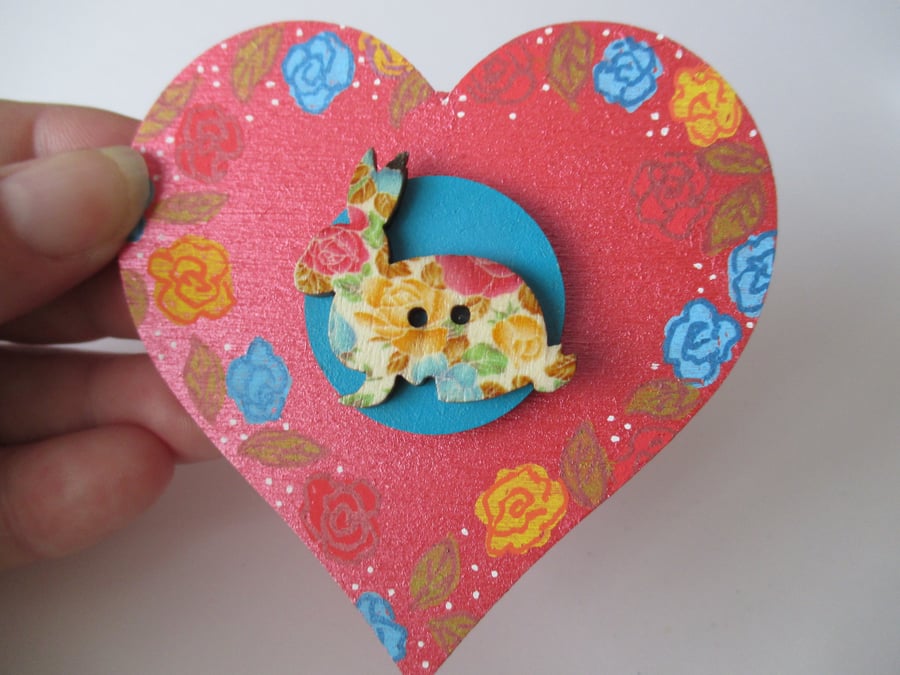 SALE Bunny Rabbit Magnet Hand Painted Wooden Heart Animal Bunny Button Flowers