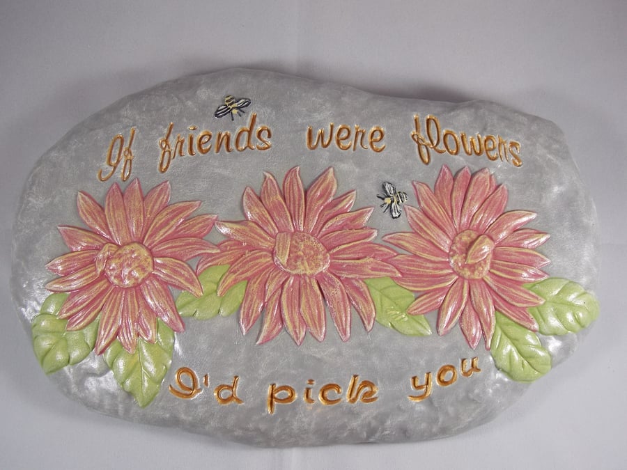 Ceramic Hand Painted Pink Flowers Special Friend Grey Wall Hanging Plaque Sign.