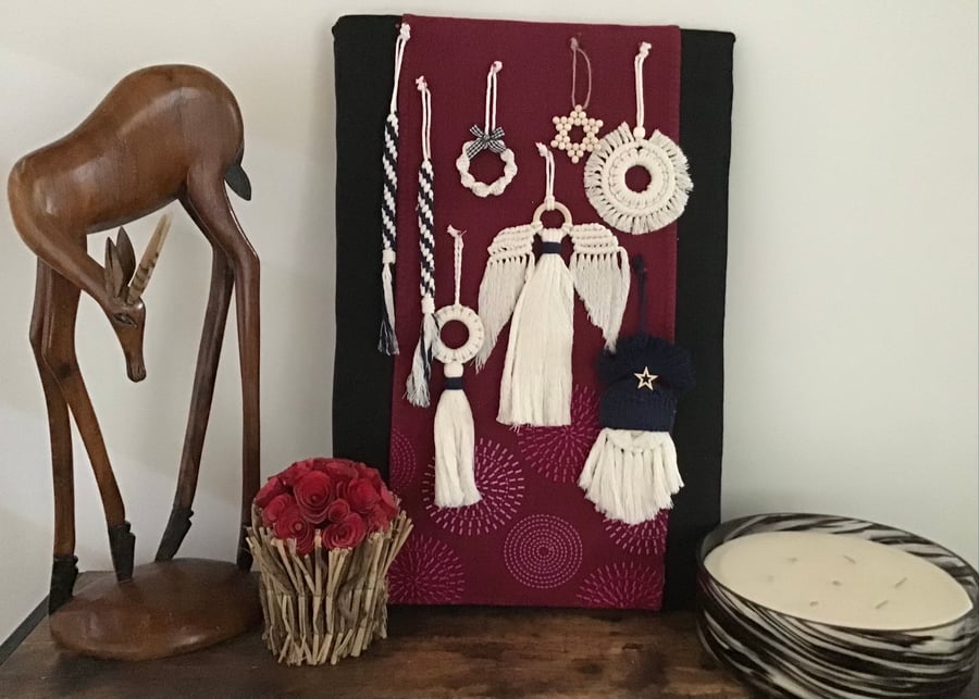 Boho macrame Christmas decoration set- navy trim