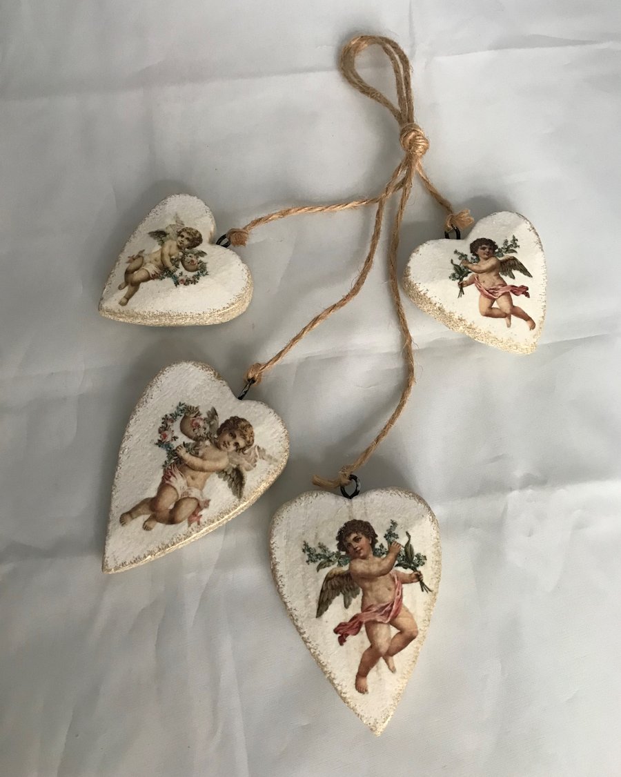Cherubs Wooden Hanging Hearts Christmas Valentines Love Decoration Pink