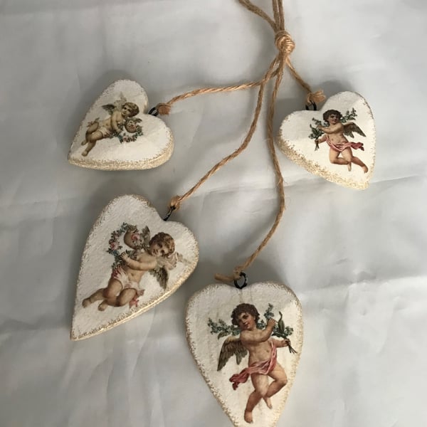 Cherubs Wooden Hanging Hearts Christmas Valentines Love Decoration Pink