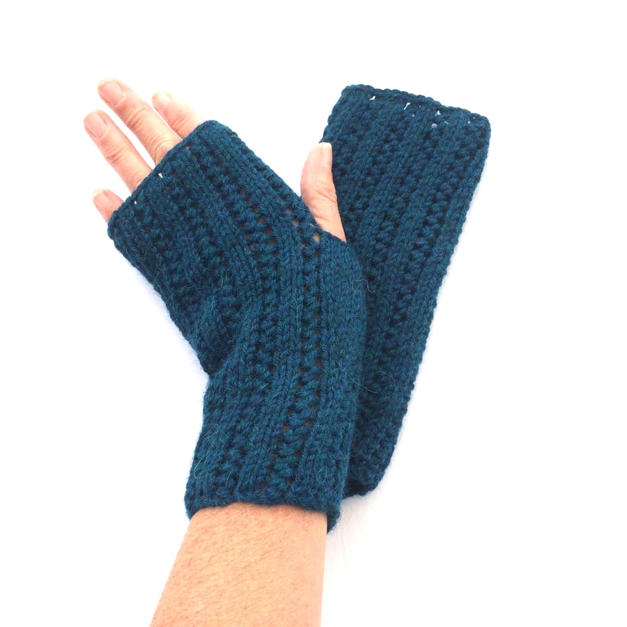 Teal alpaca Fingerless gloves 