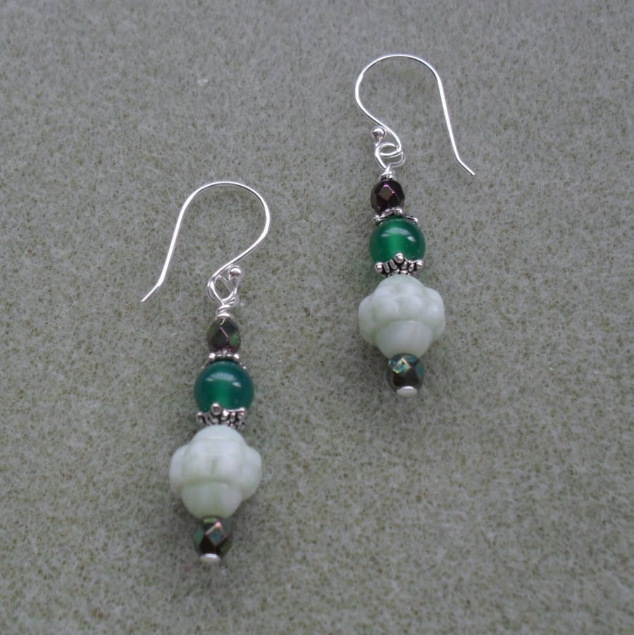 Green Czech Glass and Agate Silver Plated Earrings