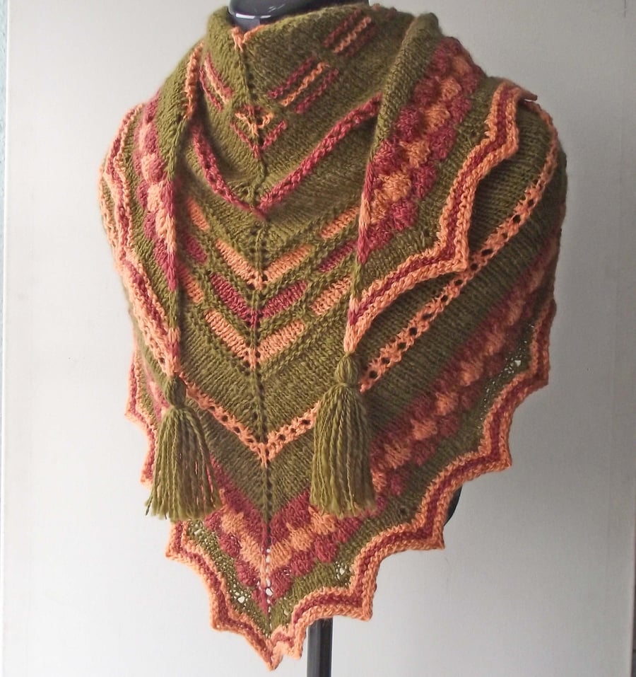Handspun Knitted Shawl, Scarf, Wrap, Merino and Corriedale Wool, Green Peach