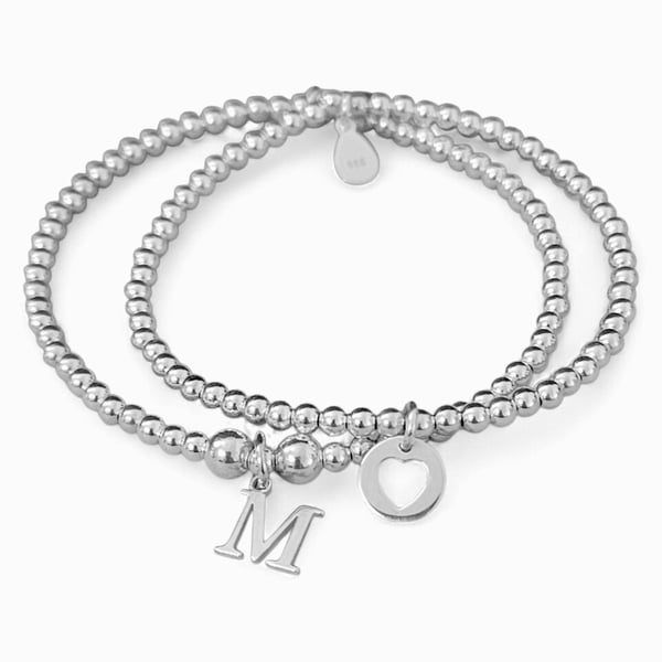 Sterling Silver Personalised Stretch Initial and Heart Charm Bracelet Set 