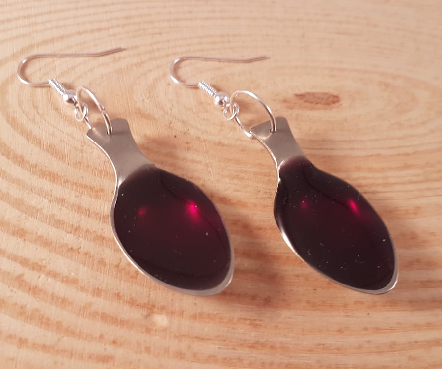 Upcycled Silver Plated Sugar Tong spoon Purple Resin Earrings SPE101723