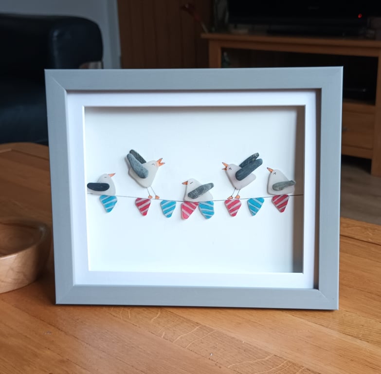 Humorous Coastal Wall Decor, Seagulls on Sea glass Bunting, Beach Art