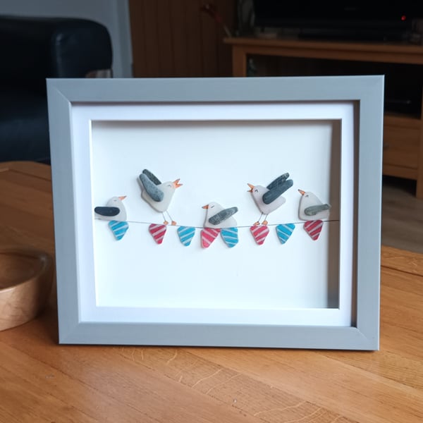 Humorous Coastal Wall Decor, Seagulls on Sea glass Bunting, Beach Art