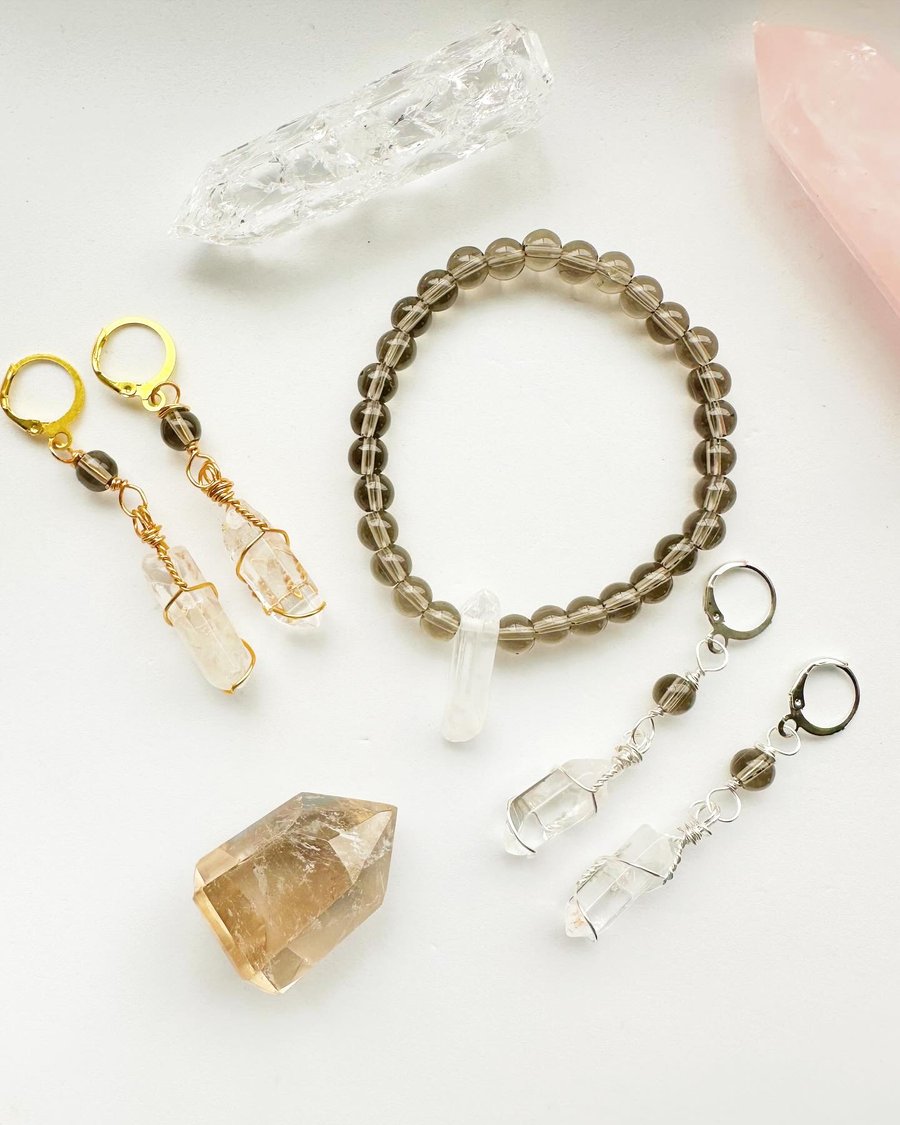 Smoky Quartz Bracelet Earring Quartz gift set, crystal wire wrapped earrings 