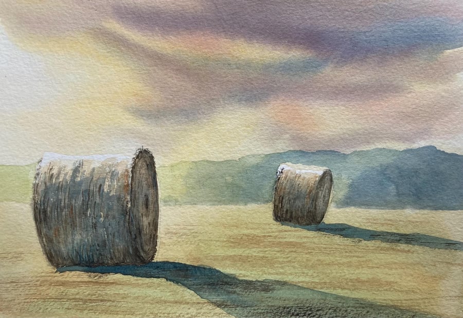 Haybales mid summer morning (Original Watercolour painting) A4 size, watercolor,