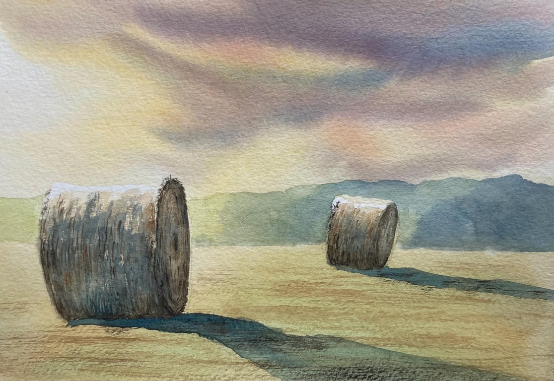 Haybales mid summer morning (Original Watercolour painting) A4 size, watercolor,