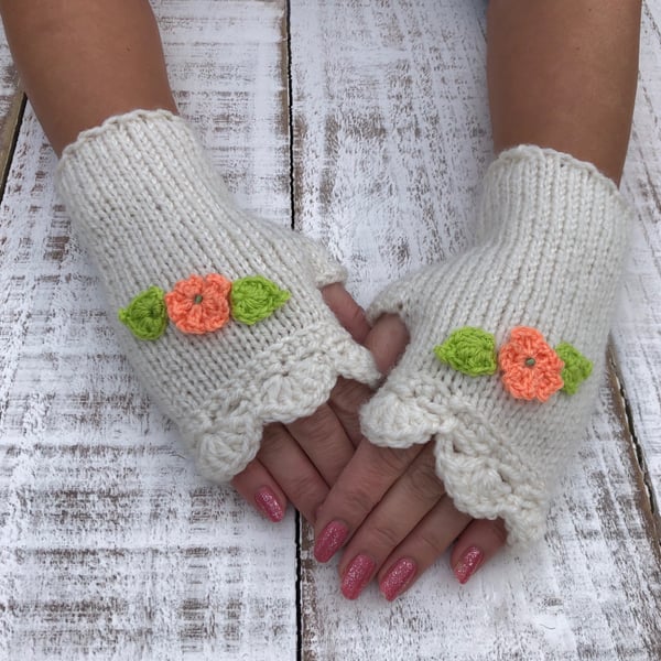 Hand knitted fingerless gloves, Gift for women