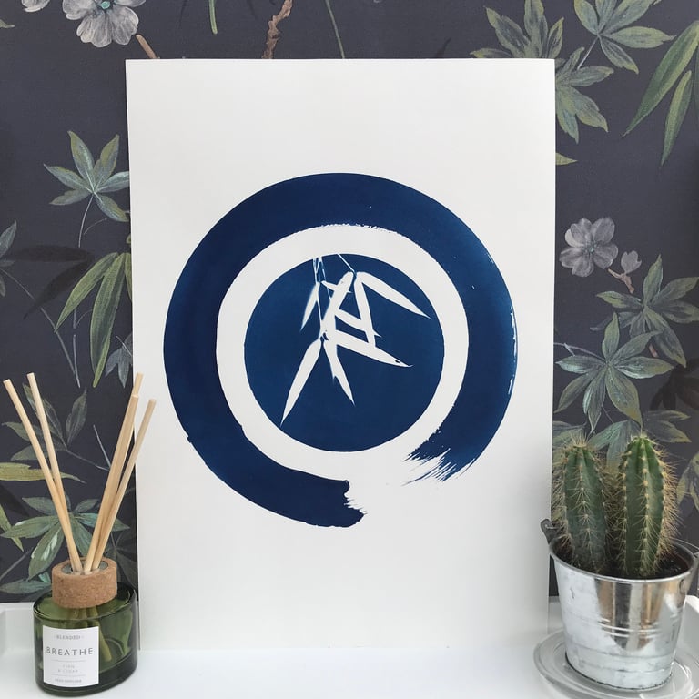 Zen Art, Gift for Yoga Studio, Cyanotype Enso with Bamboo 