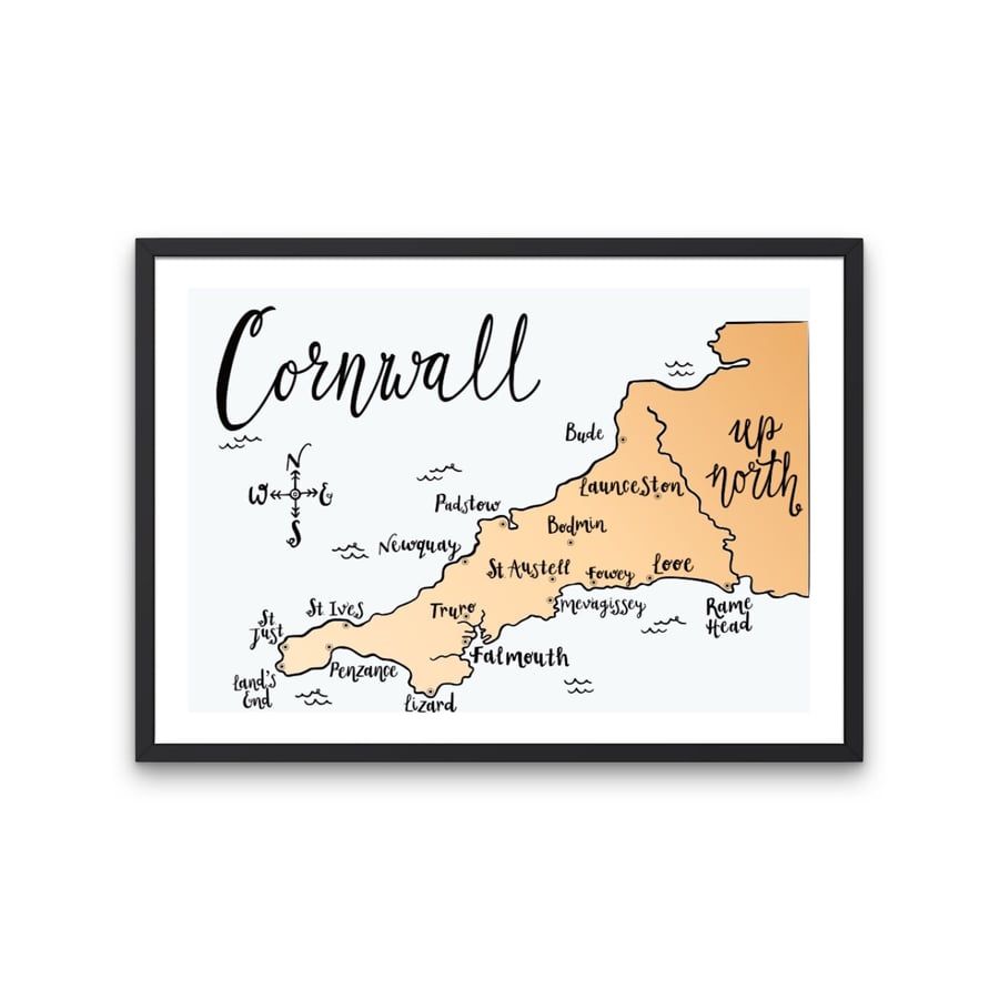 Cornwall Map Hand Lettered Art Print Hand lettered Illustration