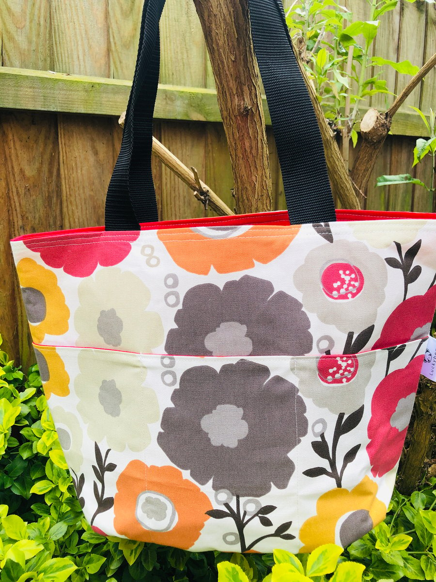 Bold Floral Print Tote with Pockets; floral tote bag; beach bag; everyday bag