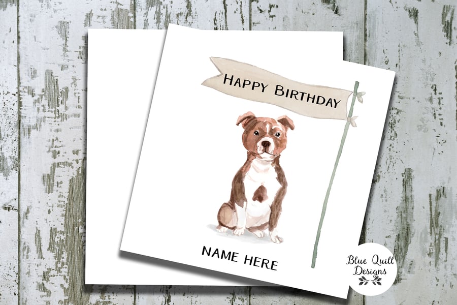 Staffordshire Bull Terrier Watercolour Print Personalised Birthday Card