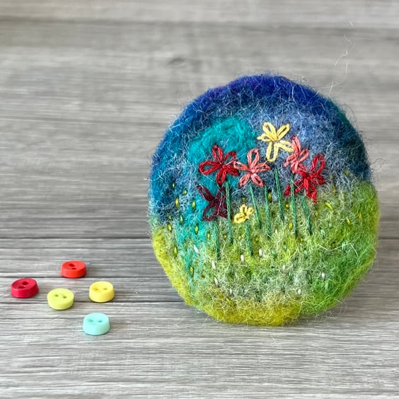 Needle felted hand embroidered meadow circular brooch 