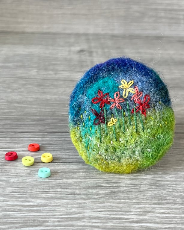 Needle felted hand embroidered meadow circular brooch 