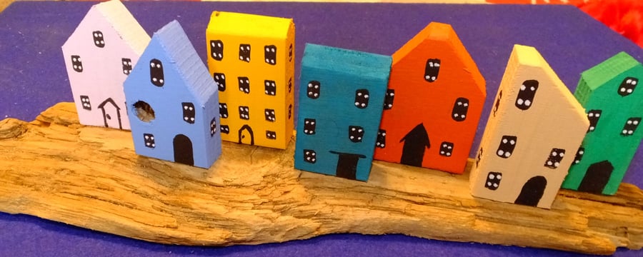 6 little handmade crude & simple houses on Cornish driftwood for display 