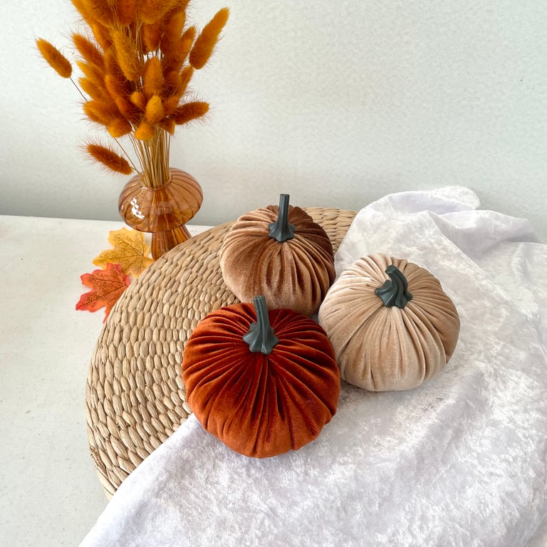 Velvet Pumpkins Set of 3 Autumn Thanksgiving Table Home Decor Fabric Pumpkins 