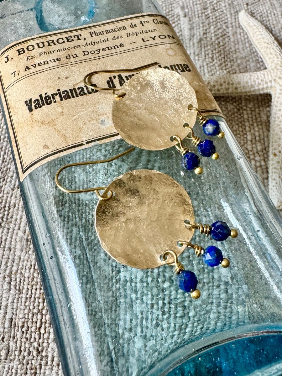Boho Textured Disc Earrings With Lapis Lazuli Handmade in Cornwall 