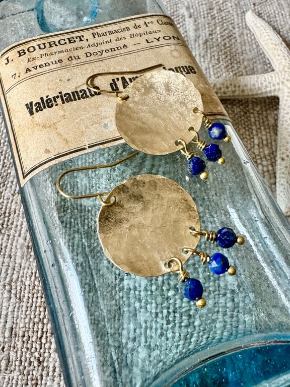 Boho Textured Disc Earrings With Lapis Lazuli Handmade in Cornwall 