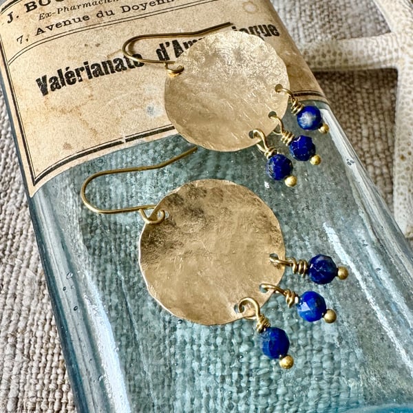 Boho Textured Disc Earrings With Lapis Lazuli Handmade in Cornwall 