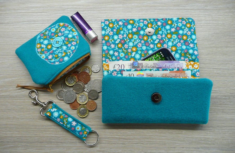 Wallet, purse, keyring set. teal wool bifold wallet, coin purse,