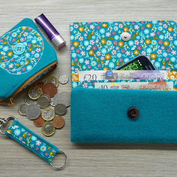 Wallet, purse, keyring set. teal wool bifold wallet, coin purse,