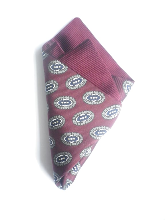 Oval motif on maroon pure silk reversible pocket square, free shipping
