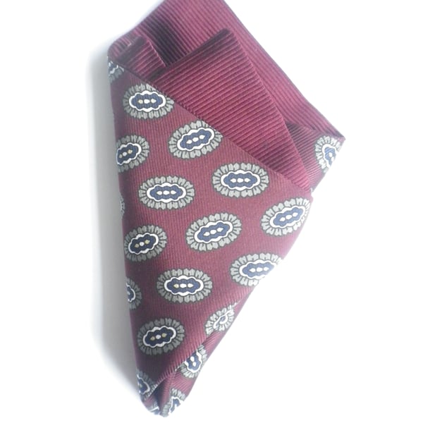 Oval motif on maroon pure silk reversible pocket square, free shipping