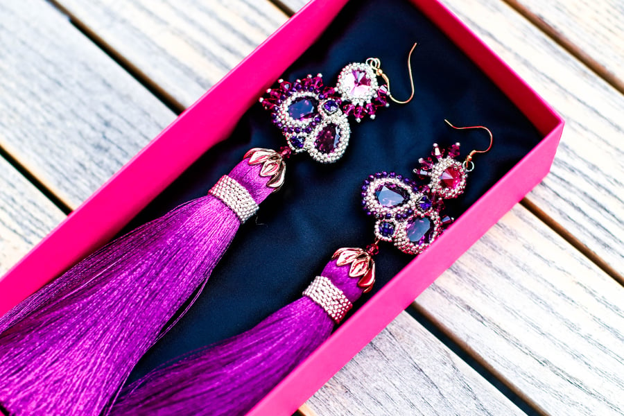 Luxurious plum purple beaded Swarovski crystal tassel earrings