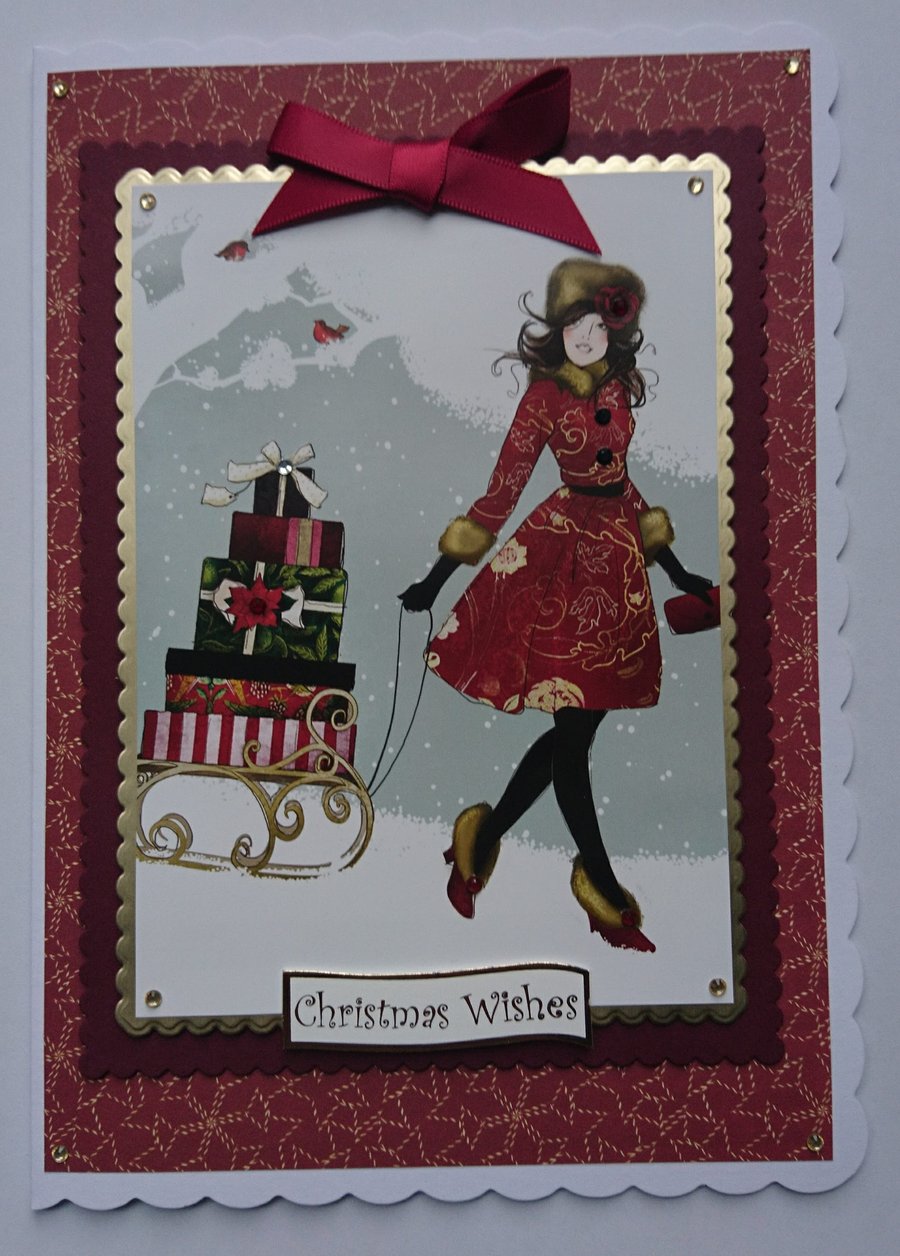 Christmas Card Elegant Lady Christmas Wishes and Sleigh 3D Luxury Handmade Card
