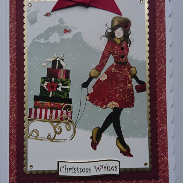 Christmas Card Elegant Lady Christmas Wishes and Sleigh 3D Luxury Handmade Card
