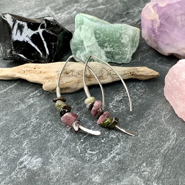 Threader earrings - silver watermelon tourmaline hoops - wishbone earrings.
