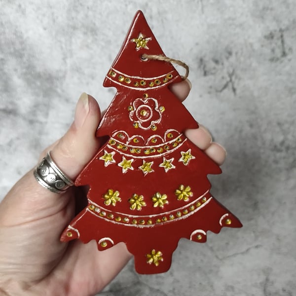 Rustic Nordic Tree Decoration, Christmas Yuletide Hanging Clay Tree Ornament