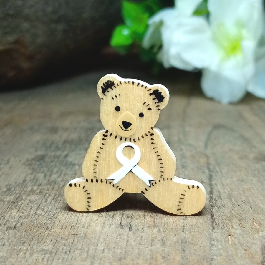 Lung Cancer Awareness Ribbon Bear Pin, Handmade Cancer Support Gift