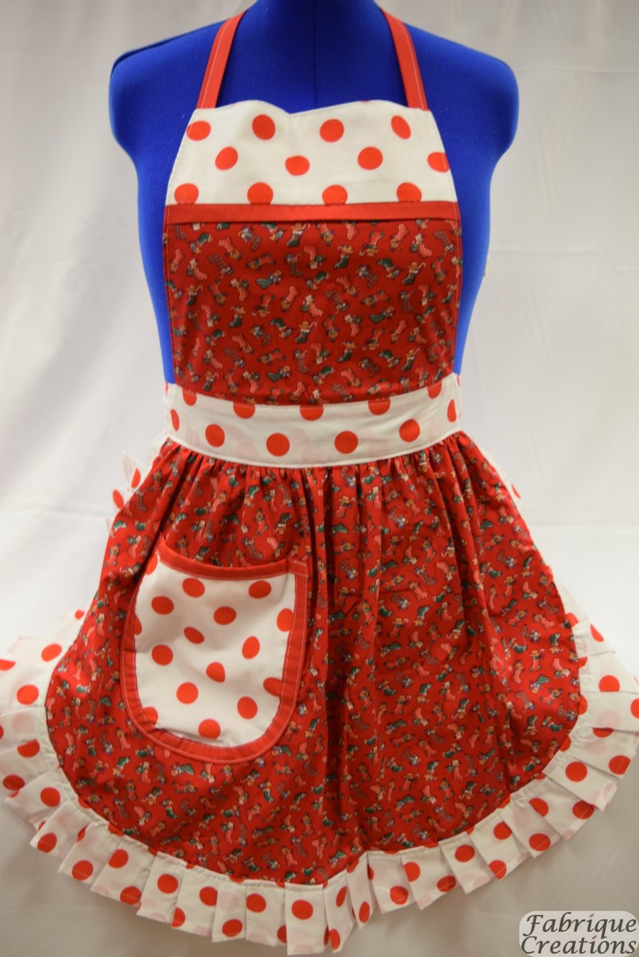 Vintage 50s Style Full Apron - Christmas Stockings on Red with Polka Dot Trim